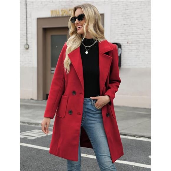 Women Mid-Long Coat Notch Double-Breasted Red